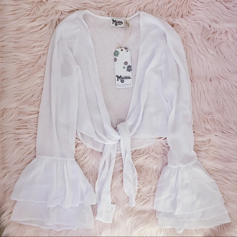 NWT SHOW ME YOUR MUMU Cute White Deep V Tie-Front Blouse Top Flounce Sleeve New - Picture 2 of 6